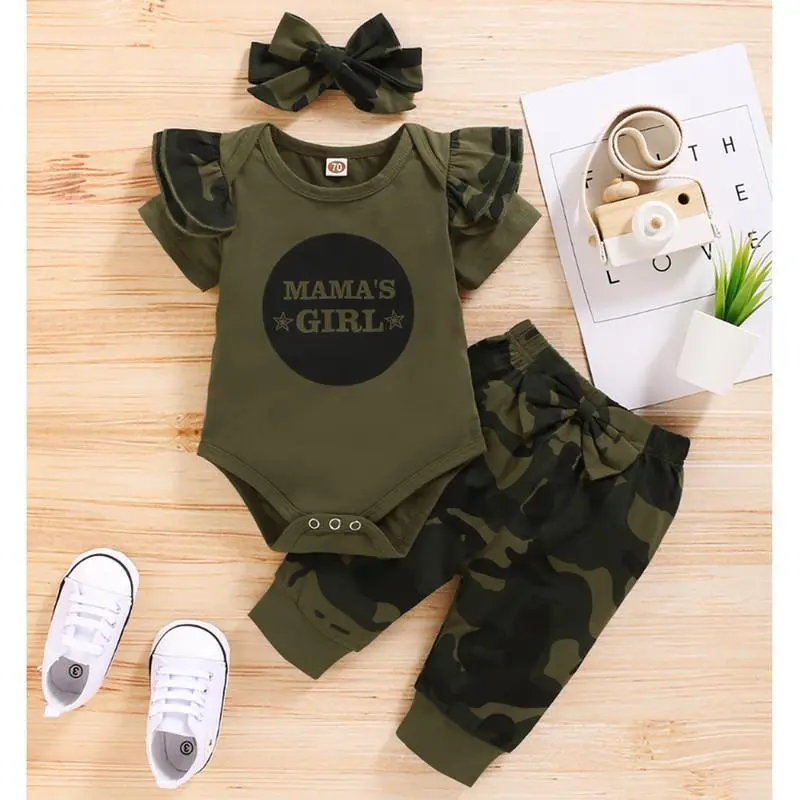 Ready Stock 0-18M Newborn Baby  "MAMA'S " Ruffle  Romper Tops Camouflage Pants Hedband 3-Piece Clothing girl outfit Wool Striped Flying Sleeve Set YMX2004044