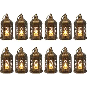 Mini Lantern with LED Candle, 12 count Small Lanterns Decorative Indoor,  Moroccan Lights for Halloween Decorations, Hanging Ornaments for Christmas, Table Centerpiece, Boho Wedding Decor
