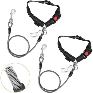 Chew Proof Dog Car Seat Belt, 2 in 1 Steel Cable Dog Car Accessories Headrest Restraint Doggie Car Seatbelt for Medium Large Dogs Chewer Heavy Duty Dog Seatbelts for Cars Swivel Attach