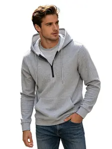 Men's Plain Half Zip Drop Shoulder Essentials Hoodie, Regular Fit Fitted Casual Comfy FitLong Sleeve Hooded Sweatshirt for Fall &Winter, Men's Clothes for Daily Wear