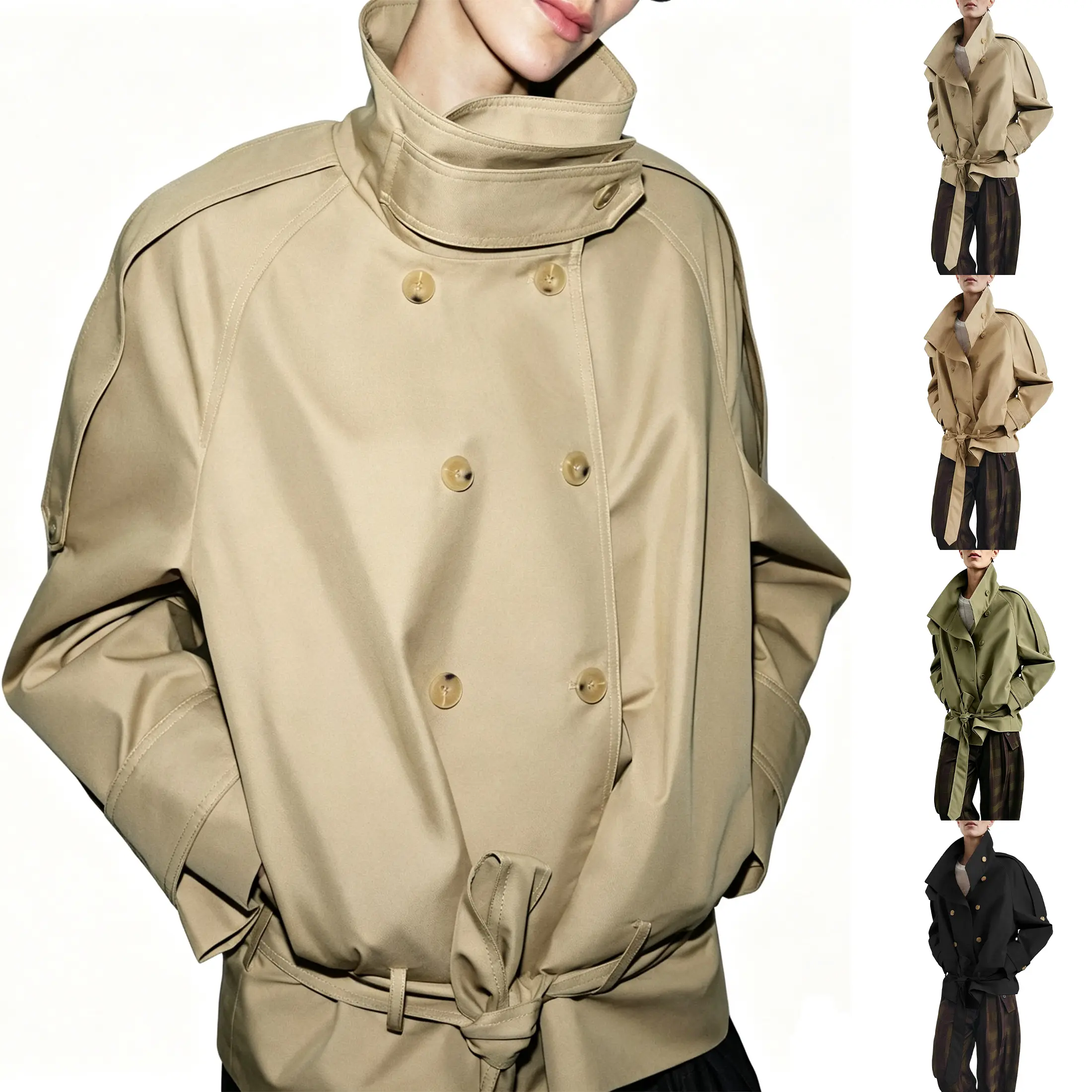 Buenoble Women Oversized Cropped Trench Coat Funnel Stand Collar Double Breasted Belted Short Windbreaker 2026 Trendy Spring Fall Outerwear Multiple Colors