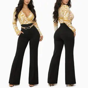 Women's V22-143 Elegant Baroque Print Deep V Longsleeves Fitted Overalls - Stretch-Fit Jumpsuit for Ladies