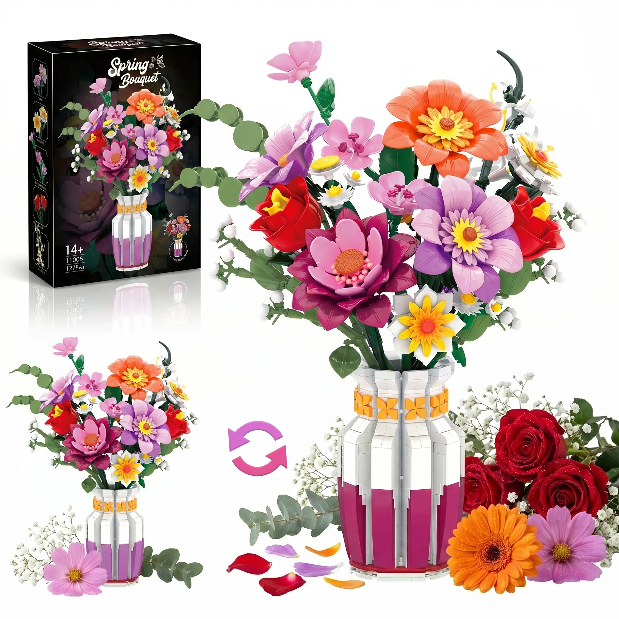 12+ Years Floral Bouquet Building Set for Adults, 16-Piece Colorful Decorative Botanical Toy Kit with 2-in-1 Vase Switch, Botany Craft DIY Project, Unique Anniversary Gift, Living Room Centerpiece Decor, Eternal Flower Bouquet
