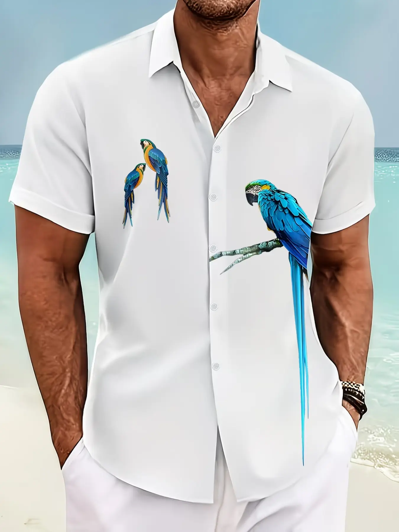 Men's Hawaiian Style Short Sleeve Shirt, Tropical Parrot Graphic Print Casual Top, Loose Collar Men's Clothing, Summer Fashion