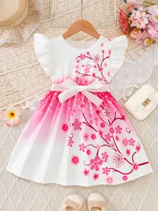 Girls' Floral Print Dress, Casual Cute Style, Perfect for Outdoor Play, Beautiful Gift for Little Princesses, 1 Piece Set, Flower Dress, Floral Pattern Dress