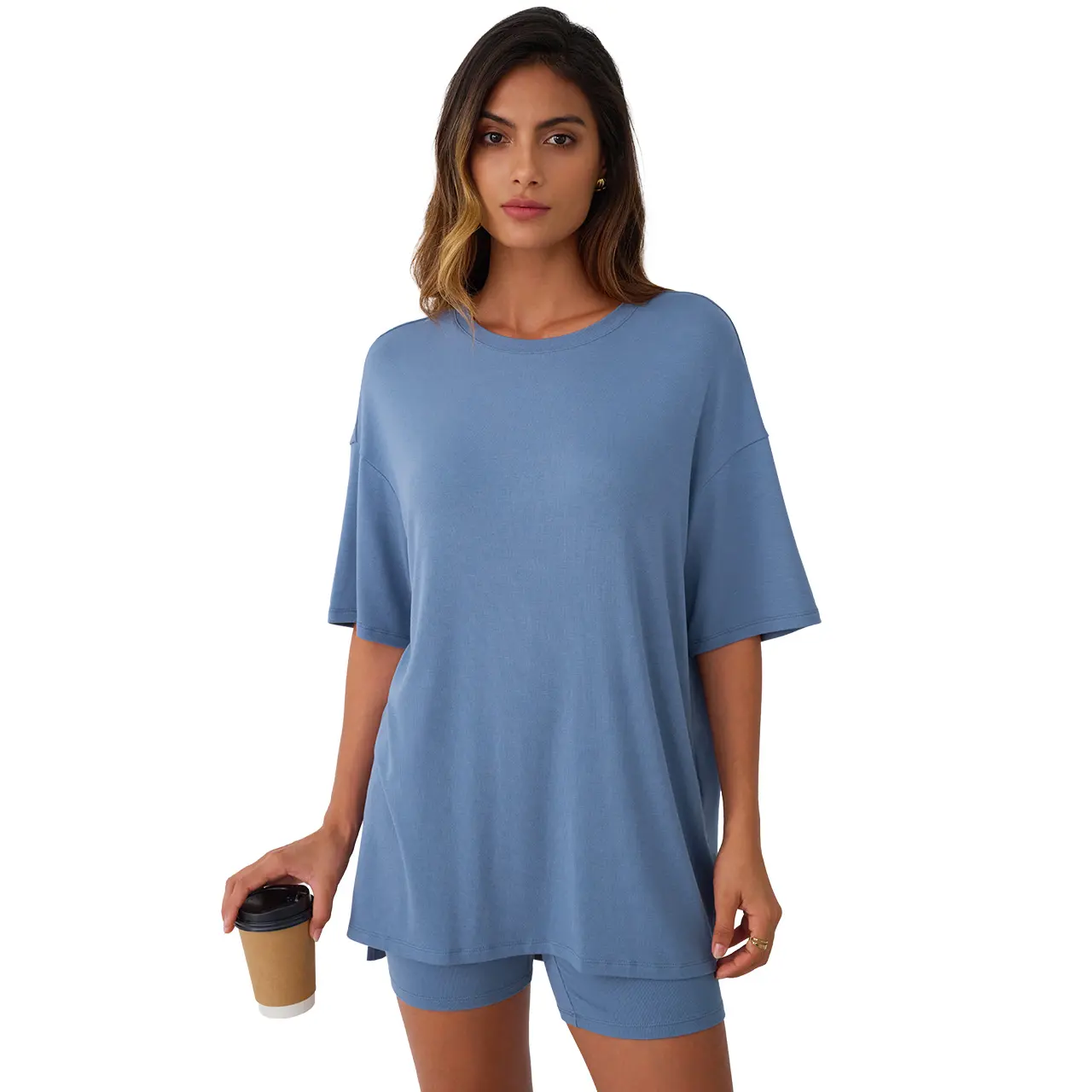 AUTOMET Women's Summer Two-Piece Set 2025 Casual Oversized Shirts Biker Shorts Matching Airport Travel Outfit Split Hem Lounge prettygarden woman