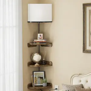 Corner Shelf Wall Mounted with Light, Set of 3 Corner Floating Shelves with Cord Hole for Cable Box, Round End Wall Mounted Floating Shelf for Bedroom, Living Room and Kitchen, Rustic Brown