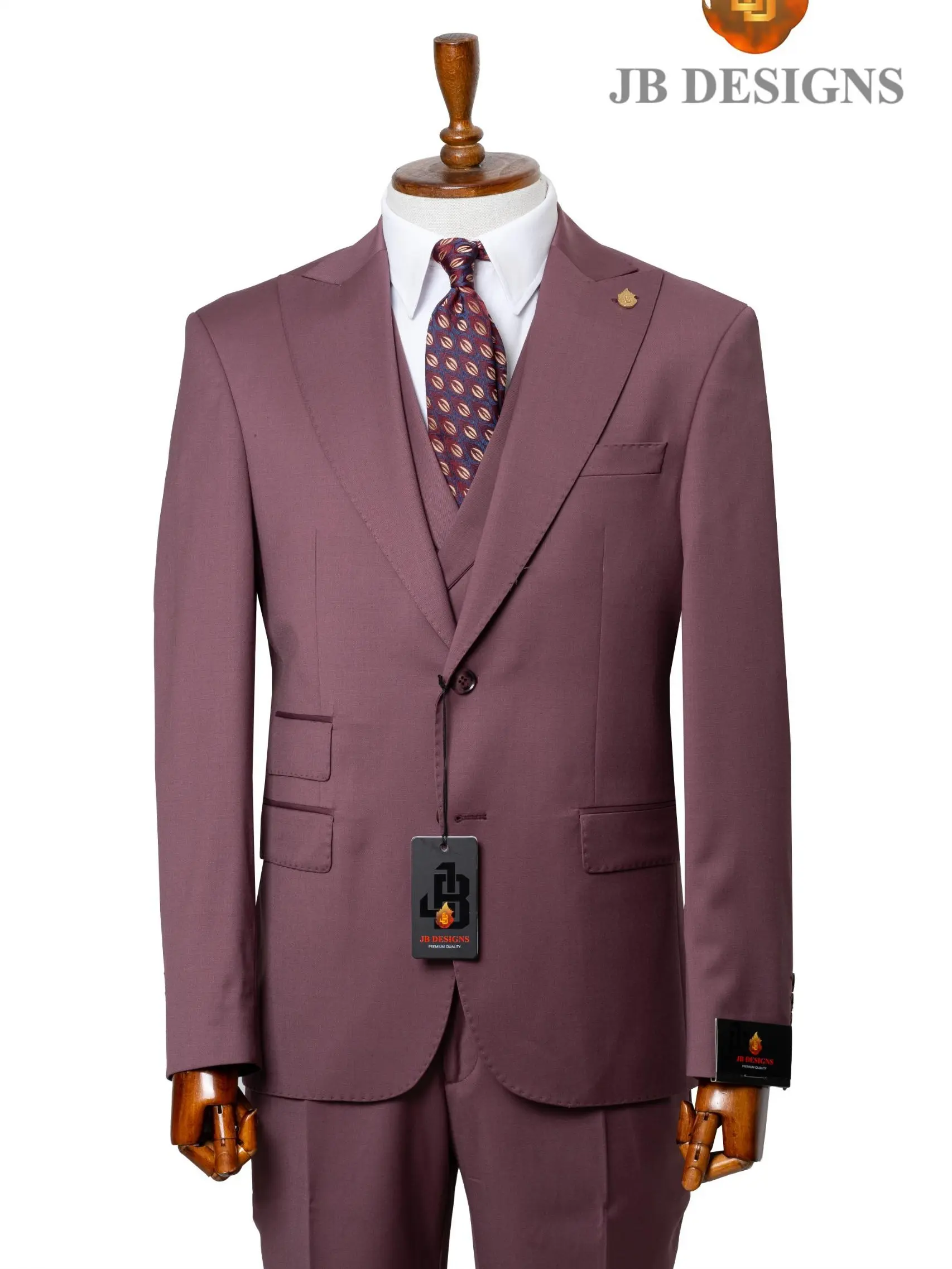 JB 100% WOOL Solid Color Single Button Blazer Double Breasted Vest Pale Maroon Color 3pc Suit Set