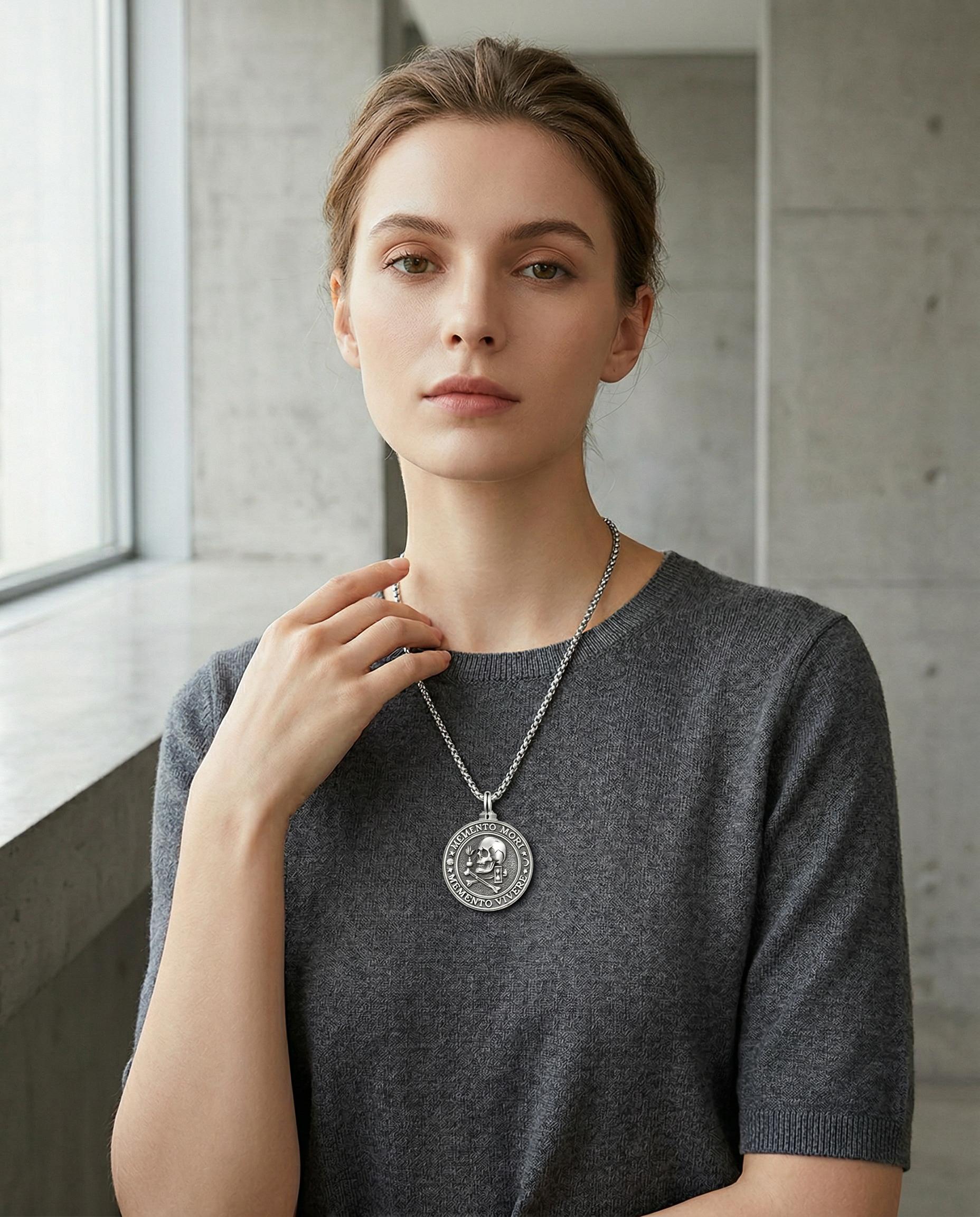 MEIDERBO Dream Chaser Memento Mori Urn Necklace 925 Sterling Silver Oxidized Finish Carpe Diem Pendant Captain Steel Style Stainless Steel Bead Chain 22+2 Inch