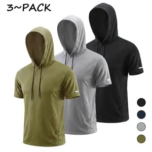 (Choose One Size Larger) Men's 3/6 Pack Workout Hoodie Tee Moisture Wicking Short Sleeve Mesh Athletic Solid T-Shirts Sports Quick Dry Breathable Lightweight Pullover With Kangaroo Pocket Drawstring Oversizes Gym Outfits