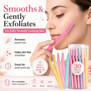 30 Pack Eyebrow Razors & Face Razors, Disposable Dermaplaning Tools with Stainless Steel Blades, Safety Covers & Storage Jar, Peach Fuzz Facial Hair Trimmers, Eyebrow Shaping Shavers for Women & Men, Home Travel Grooming