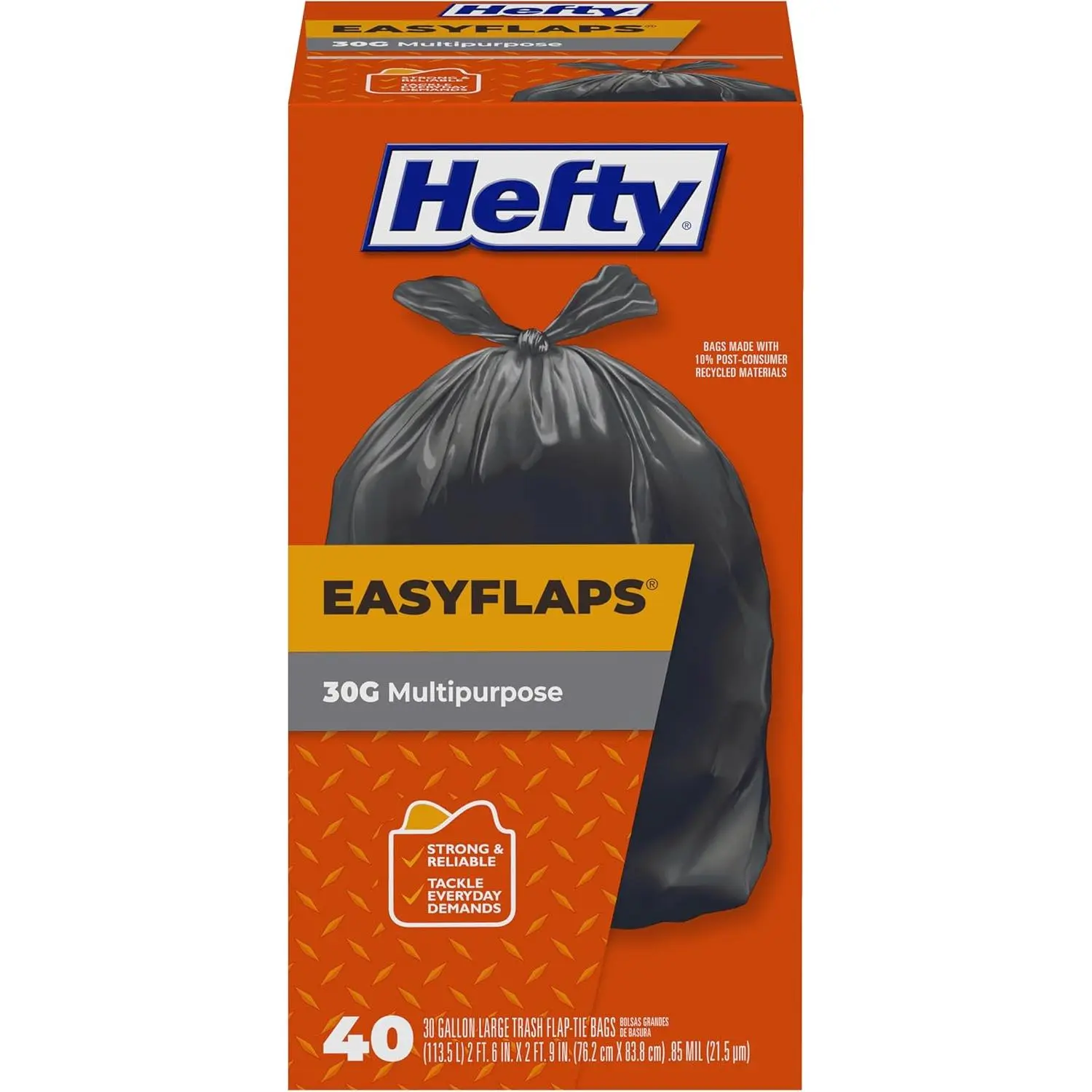 Hefty Easy Flaps 30-Gallon Large Trash Bags, 40 Count, Multipurpose Tall Kitchen Garbage Bags
