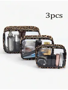 3 Piece Leopard Print Makeup Bags Set Small Medium Large Portable Waterproof TSA Approved Travel Toiletry Organizer Transparent Cosmetic Case with Zipper for School Trip Gift