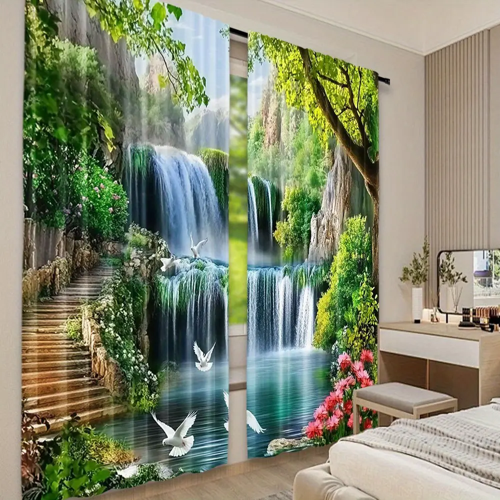 2D Flat, 2D Flat Printed 2-Piece Beautiful Forest Waterfall Scenery Curtains, Vivid Natural Curtains, Suitable for Bedroom, Bathroom, Living Room, Dining Room, Study, Office, Dimensions are 29.53X 65.35inch , 41.34X 90.55inch , 51.18X 82.68inch , 2D Flat
