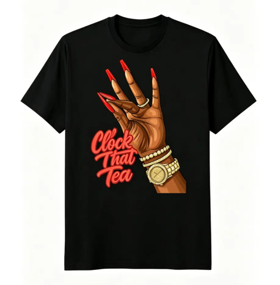 Women's Cotton Casual T-Shirt with Red Nail Polish & Clock Tea Graphic Print, Soft Breathable Wrinkle-Resistant Machine-Washable Anti-Pilling Fabric for Summer Outdoor Activities & Christmas Eve Outfit