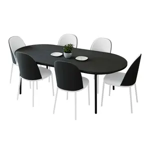 LeisureMod TT70-WCBL18-W Tule Dining Set in White Steel Frame with 6 Upholstered Seat Dining Chairs & 71 in. Oval Dining Table with MDF Tabletop, Black & White - 7 Piece