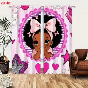 2D Flat Pastel Pink African American Baby Girl Decor Window Curtain 2 Piece Set with Lacy Frame, Pink Purple Glitter Accessories, Girly Star Heart Theme Sheer Blackout Curtains for Kids Room