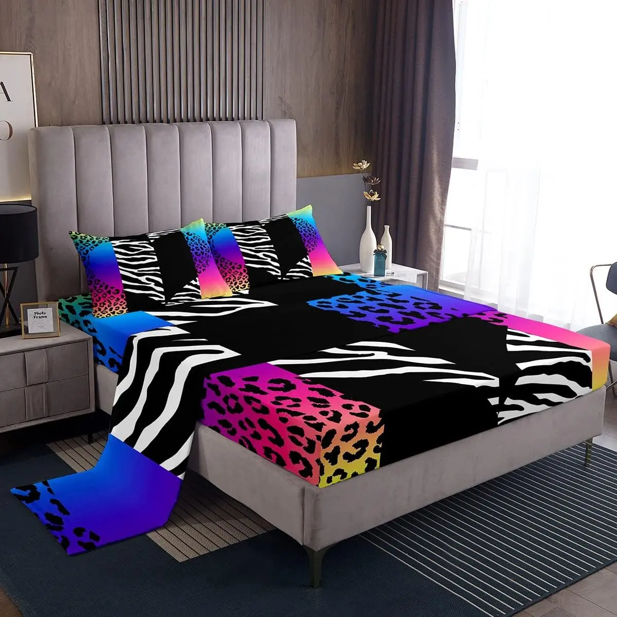Leopard Zebra Stripes Sheet Set,Rainbow Watercolor Leopard Print Bedding Set,Bedroom Decor Patchwork Heart Bed Sheet,Wild Animals Fitted + Flat Sheet