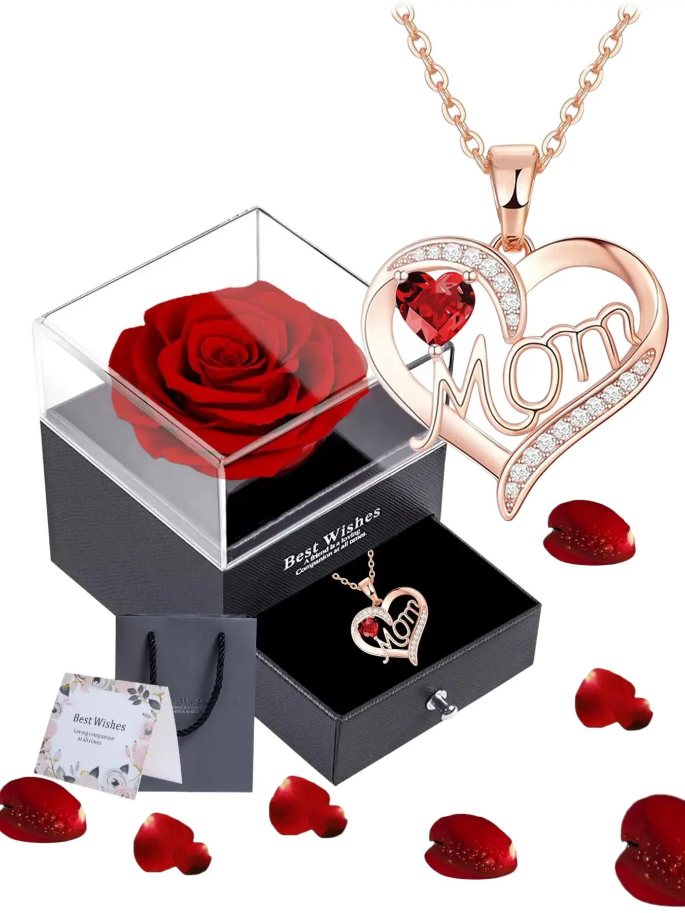 Zircon I Love You Mom Necklace, Love Heart Necklace, Copper Pendant Necklace, Elegant Necklace, Luxury Rose Gift Box + Greeting Card Set, Exquisite Jewelry Gift, Mother's Day Birthday Gifts for Mom, Unique Jewelry Presents from Daughters and Sons
