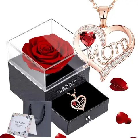 Zircon I Love You Mom Necklace, Luxury Rose Gift Box + Greeting Card Set, Mother's Day Birthday Gifts for Mom, Unique Jewelry Presents from Daughters and Sons