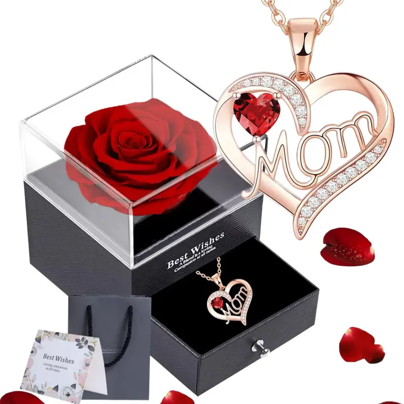 Zircon I Love You Mom Necklace, Luxury Rose Gift Box + Greeting Card Set, Mother's Day Birthday Gifts for Mom, Unique Jewelry Presents from Daughters and Sons