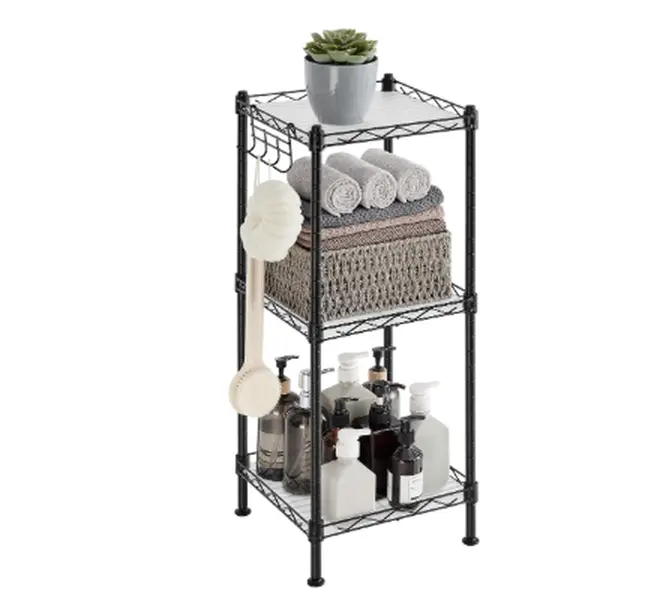 SONGMICS 3-Tier Bathroom Shelf, Storage Rack for Small Space Extendable Design, with 3 PP Shelf Liners, Removable Hook