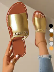 Fashion Flat Sandals Metallic Finish Chain Decoration Large Size Women's Summer Essential Gold Silver Color Flats