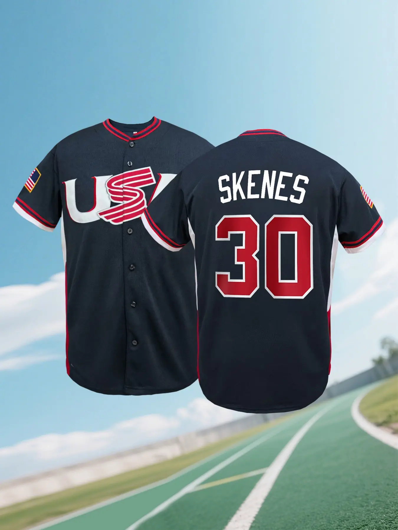 Unisex #30 Navy USA Color Block Baseball Jersey, Sports Style Jersey, Sportswear Clothing, Embroidery Sportswear, Embroidered Lightweight Short Sleeve Athletic Top, for Theme Party Holiday Gift Outdoor Activity Daily Use
