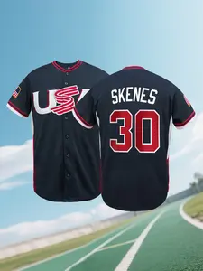 Unisex #30 Navy USA Color Block Baseball Jersey, Embroidered Stitched Lightweight Short Sleeve Athletic Top, Athletic Workout Tops, Classic Button-Down Sports Shirt, Training Shirt for Theme Party Holiday Gift Outdoor Activity Daily Use