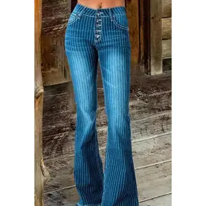 Striped Button Fly Flare Jeans