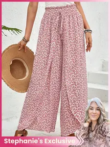 A women's floral Boho fashion versatile wide-leg skirt with side slit, suitable for summer, suitable for beach, sand, party and other occasions