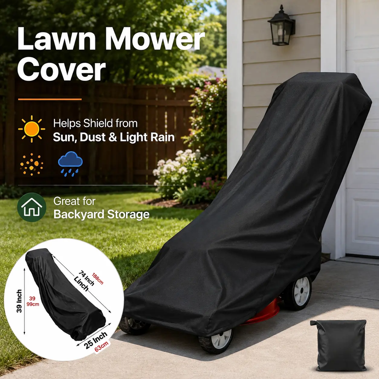 Universal Size Durable Lawn Mower Cover, 39in x 74in Black Outdoor Dust Cover - Full Coverage for Garage, Shed Storage, Shields from Sun, Dust, Light Rain