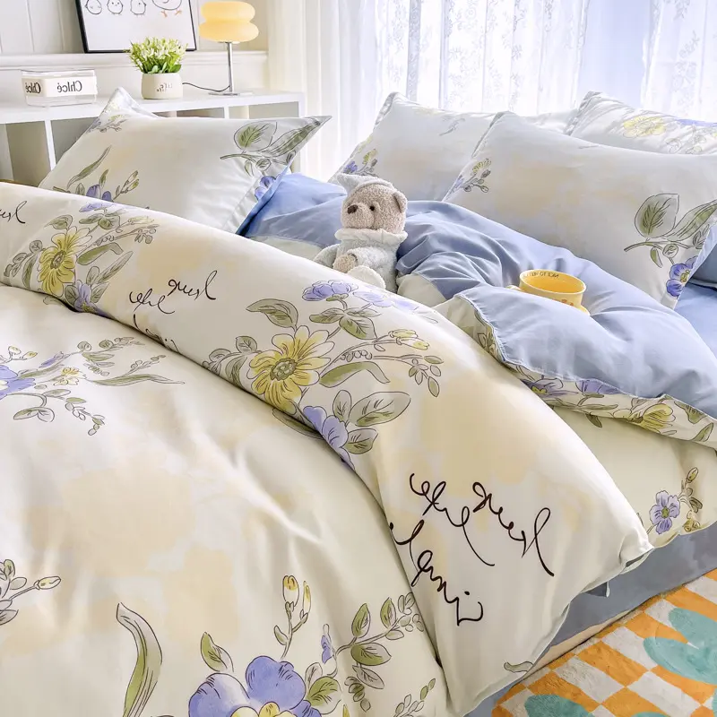 Vintage Yellow Purple Floral Bedding Set, Cream Pastel Flower Duvet Cover Set, Solid Light Blue Reversible Bed Sheet Pillowcase Set for Girls Dorm Bedroom Decor