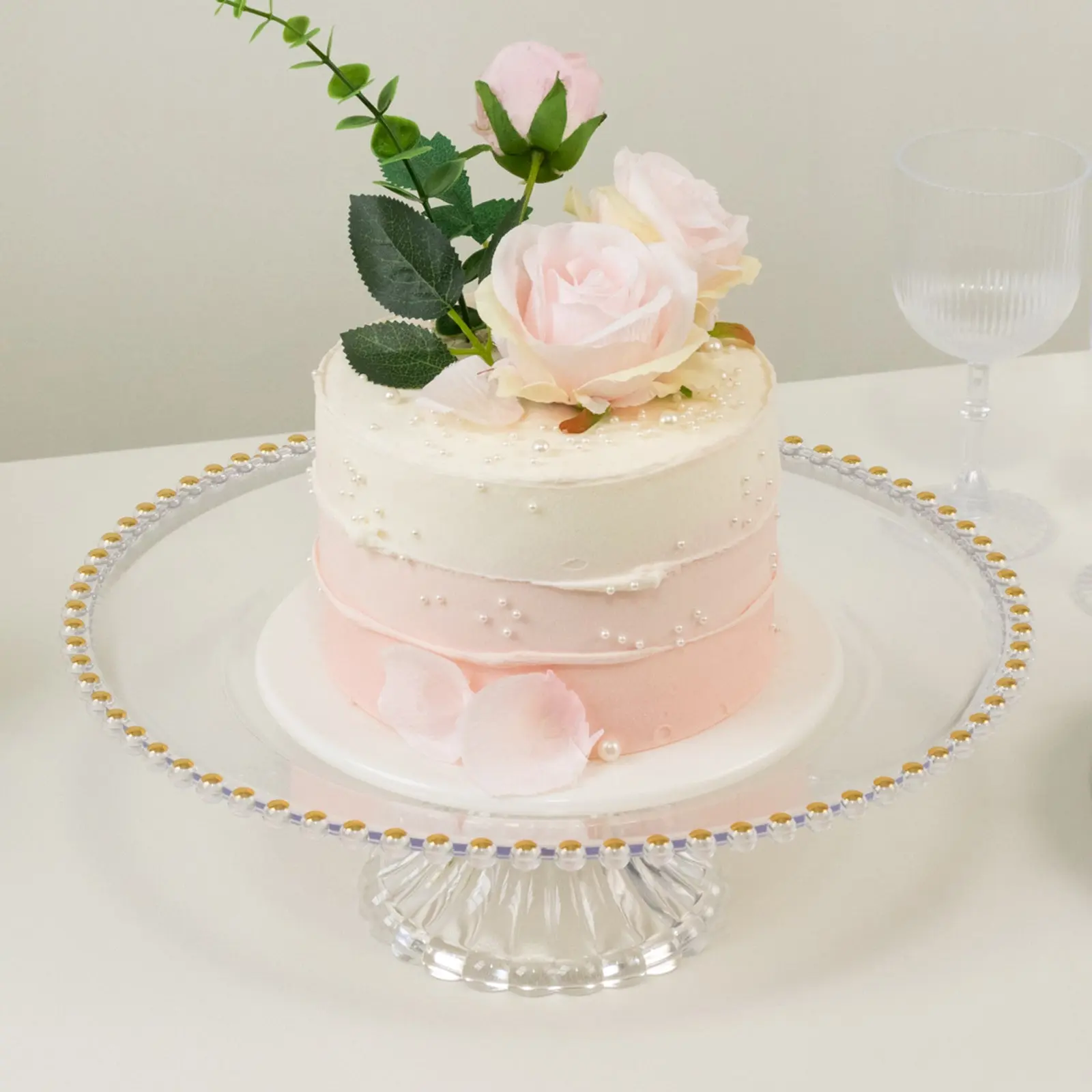 2-Pack Plastic Pedestal Cake Stands – Clear 13" Round Dessert Display Trays with Gold Beaded Rim