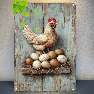 Art Print Metal Aluminum Sign A Rustic Hand-Painted Chicken And Eggs On An Old W For Home Restaurant Bar Cafe Garage Decorations