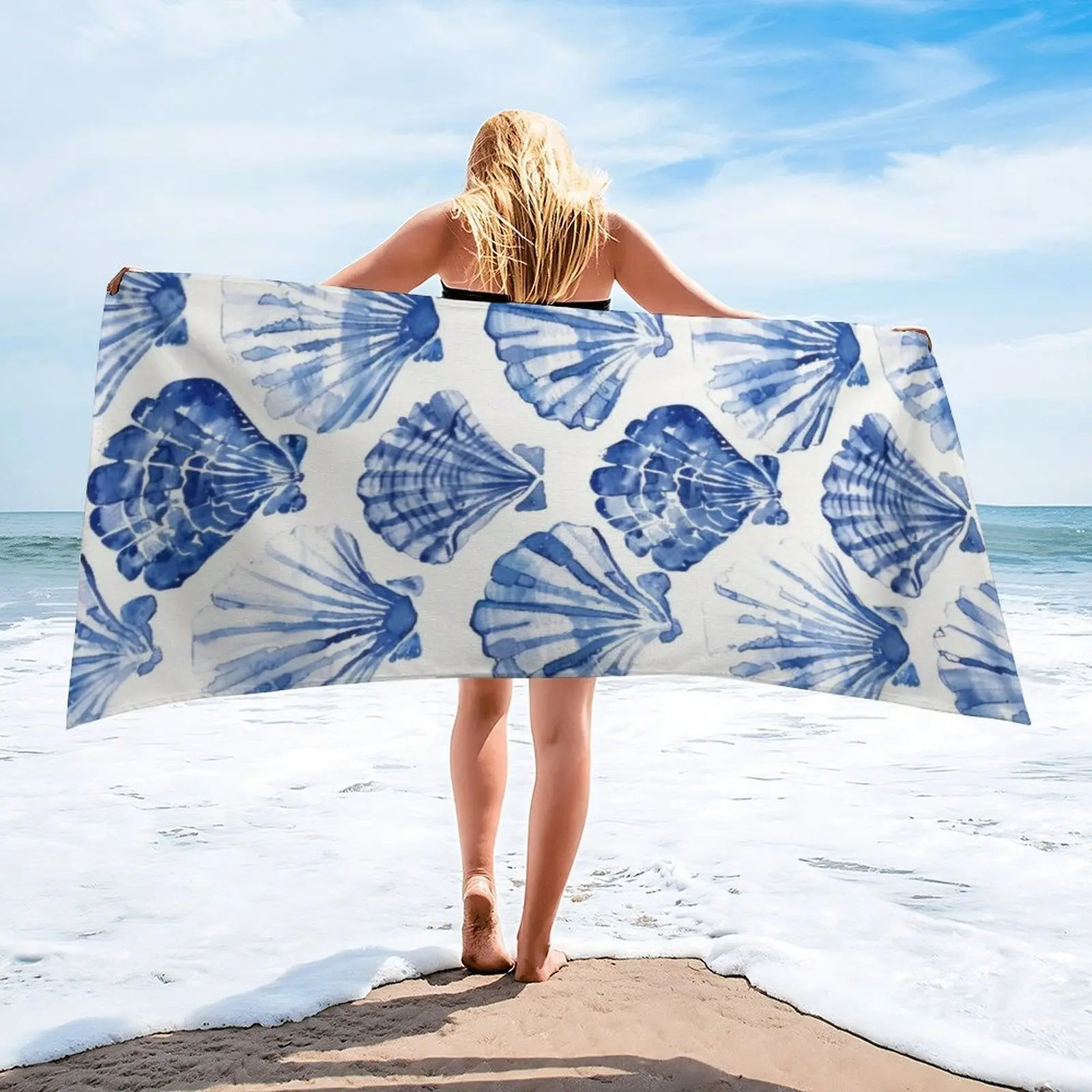 Microfiber Beach Towel for Adults - 31x61 Inch Sand Free Oversized Towel, Quick Dry & Super Absorbent Travel Towel, Blue Seashell Nautical Print Lightweight Large Bath Towel for Swimming, Pool, Gym, Yoga, Camping, Cruise Essentials