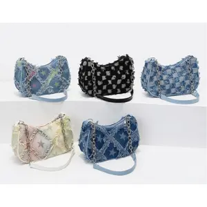 2026 Trendy Denim Satchel - Chic Gradient Blue Star Handbag with Silver Chain, Versatile Casual Crossbody for Cool Girls
