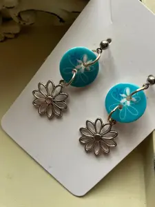 Teal and Silver Flower Drop Earrings