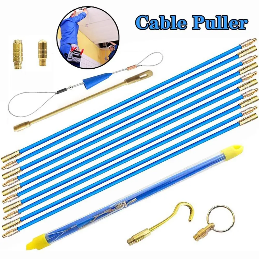 Fiberglass Cable Wire Running Rod, Coaxial Electrical Connectable Fish Tape Pull Heavy Duty Kit with Hook and Hole Kit, Professional Measuring Instruments