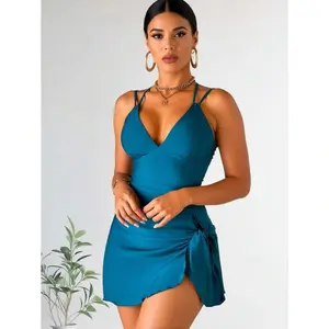 Teal One Piece Swimsuit For Women, High Cut Bathing Suit, Spaghetti Strap Swimwear, Removable Padded Sports Swimsuit, Solid Color Beachwear