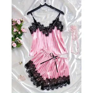 Black Lace Edged Pink Striped Pajama Set For Women Home Nightgown Set