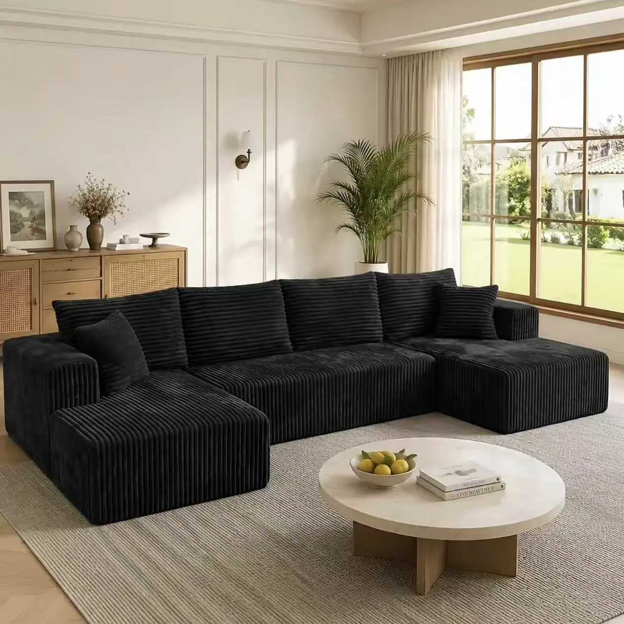 Vipworld 132" U-Shaped Modular Boneless Cloud Couch, Soft Corduroy Sectional Sofa with Deep Seat, No Assembly Required for Living Room【2 Packages Shipping】