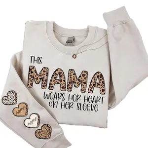 Personalized This Mama Wears Her Heart on Her Sleeve Sweatshirt, Leopard Cheetah Mama Heart Custom Kids Names Sweatshirt, Mothers Day Gift, Mom Gift