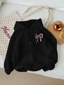 Women's Drawstring Hoodie with Bow Print, Comfortable and Stylish, Fall & Winter Warm Casual Sweatshirt, Loose-Fitting Pullover