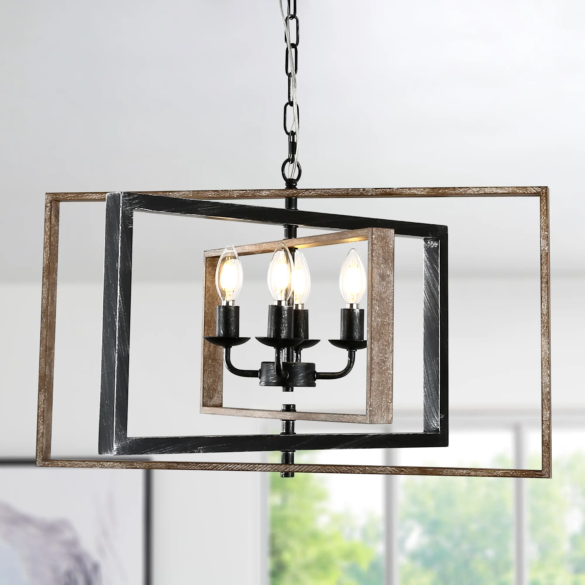 6 Lights 20.1" French Country Wooden Chandelier with Adjustable Chain and Candelabra Bulb Base for Home Decoration