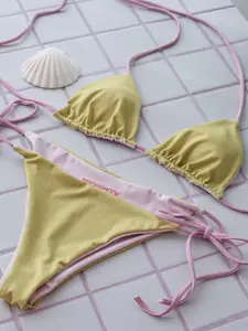 Pastel Yellow Pink String Bikini Set Women Sexy Triangle Swimwear Adjustable Tie Side Thong Bathing Suit Summer Beach Vacation Pool Party Trendy Y2K Style