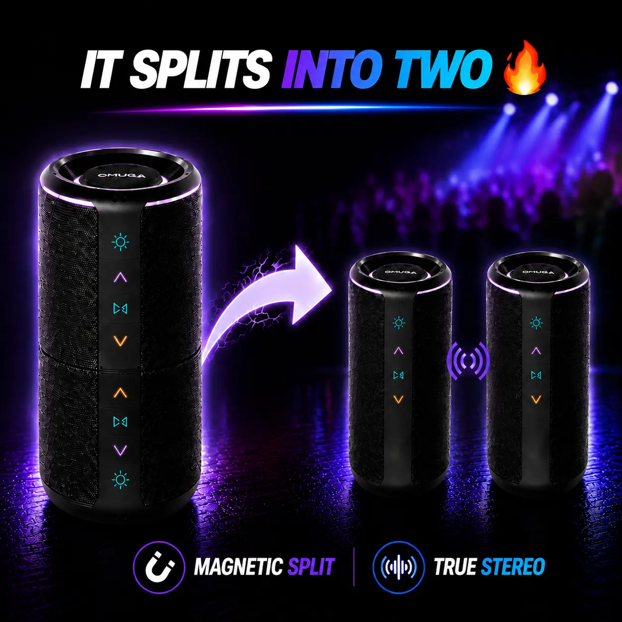 OMUCA Magnetic Split Bluetooth Speaker - 2-in-1 Portable Stereo Device, True Wireless Stereo Sound, Deep Bass, RGB Lights, IPX6 Waterproof, 20H Playtime, Compact Audio Speaker