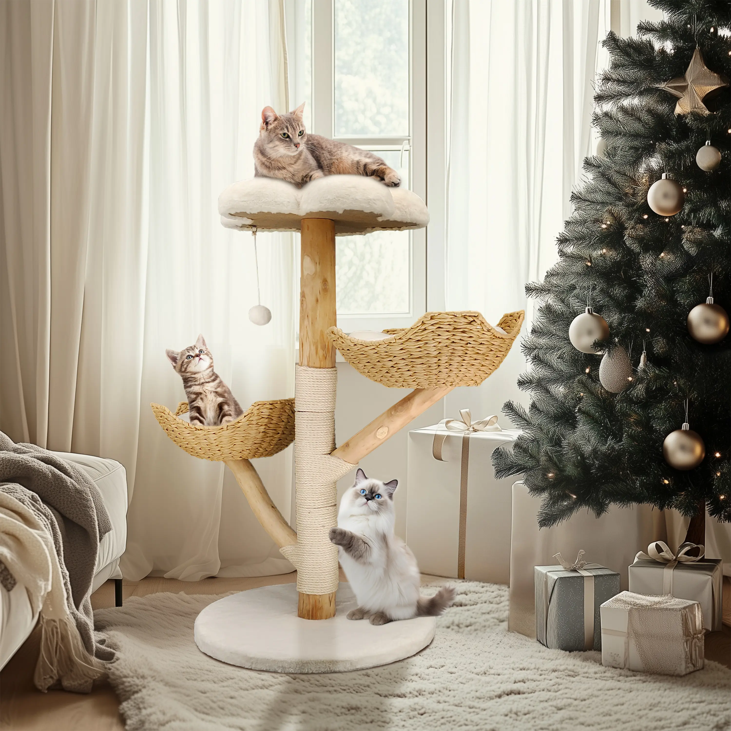 Bingopaw Cat Tree Modern Activity Cat Tower with Plush Cushion Sisal Scratching Post Cozy Kitten Play House for Multiple Cats Natural Wood & White 60x111cm