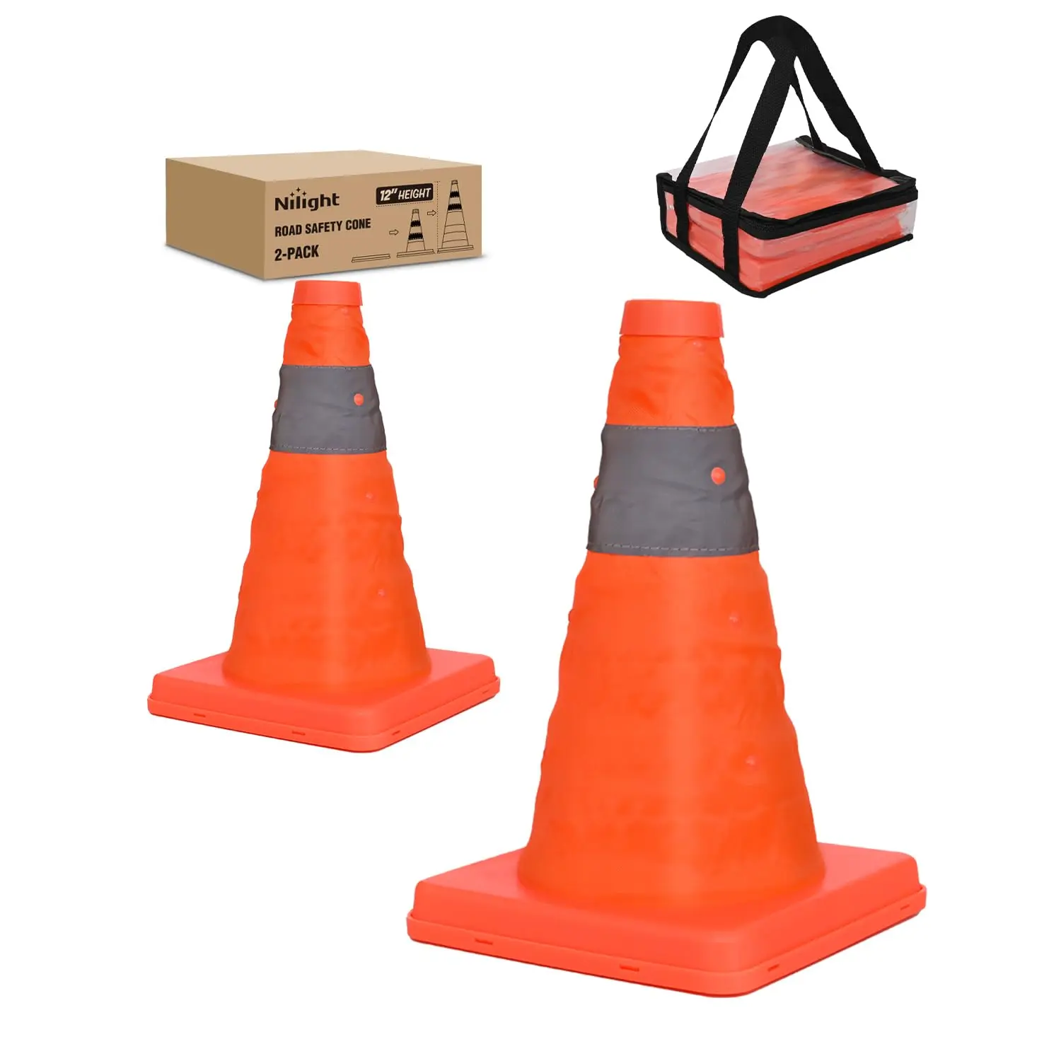 Nilight 12 in Collapsible Safety Cones (2-Pack) - Bright Orange Waterproof Oxford Fabric, High Visibility Safety Gear with Reflective Collars, Easy to Store Outdoor Emergency Equipment for Roadside, Construction Sites