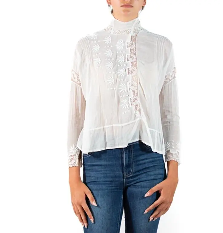 Edwardian White Organic Cotton Voile Floral Embroidered Swan Neck Blouse